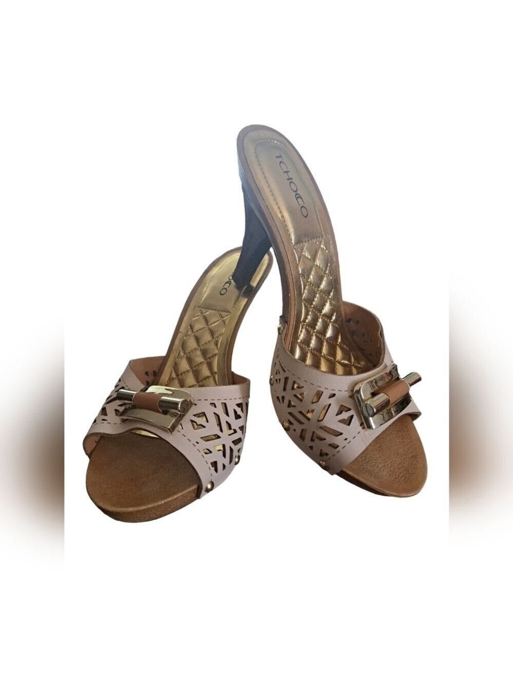 TCHOCO wood leather studded clog sandals slip on shoes cut out QUILTED insole 35